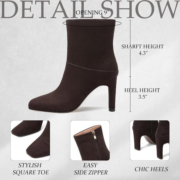 Women's Brown suede Square Toe Ankle Boots Low Heel Side Zipper Comfort Dressy - Picture 4 of 7